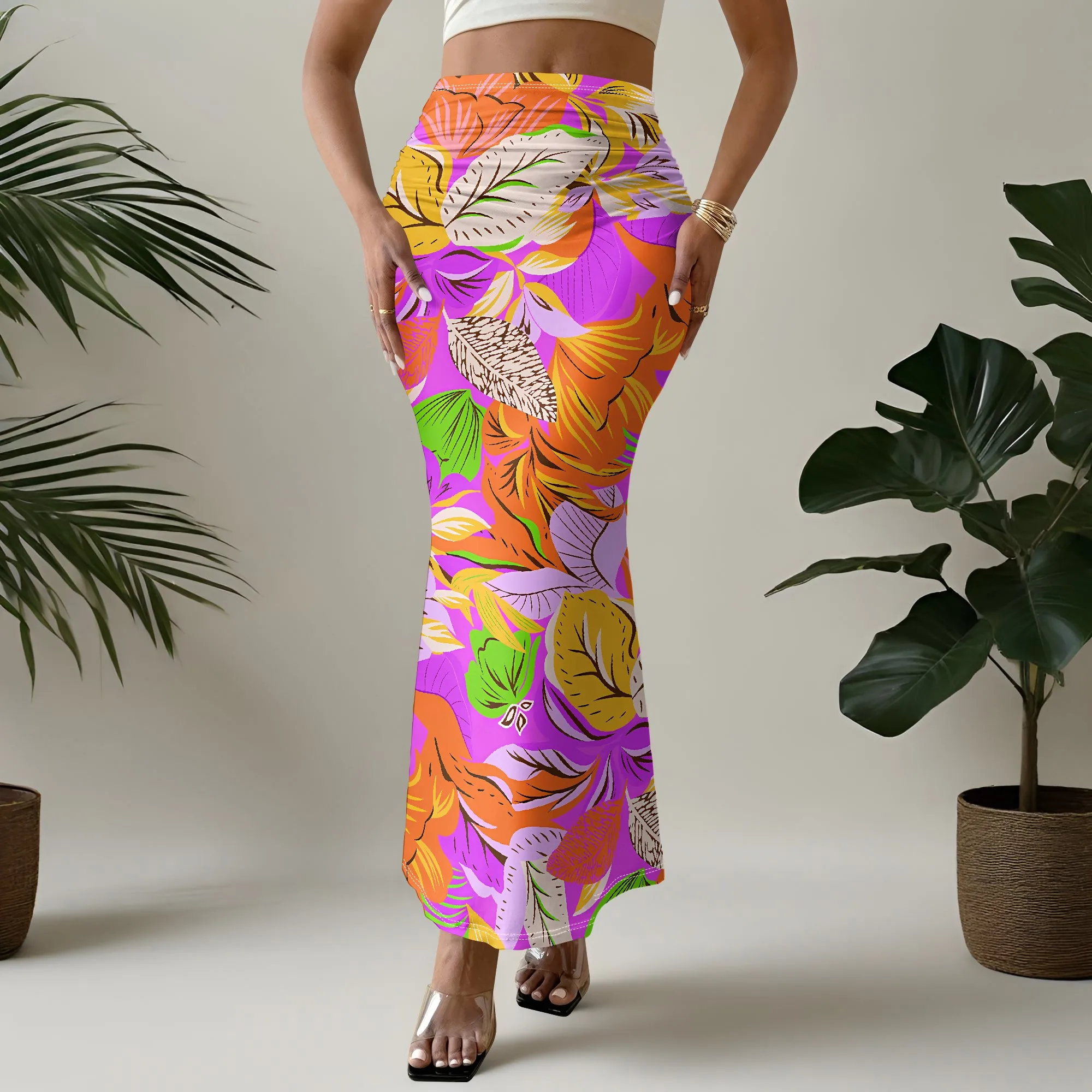 Vibrant Floral Mermaid Skirt, Tropical Print Maxi, Boho Beach Wear, Summer Party Dressy Bottoms, S-2XL
