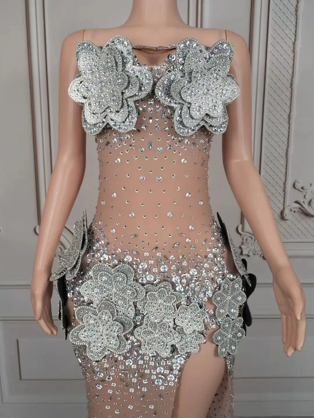 Luxe Pailletten Zilveren Bloem Mesh Trailing Jurk Nachtclub Bar Dj Prestaties Podiumkostuums Zanger Gogo Dansers Kleding DN20947