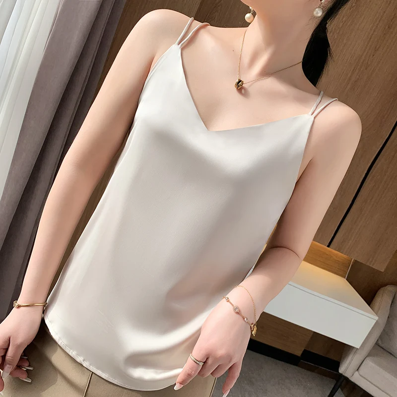 

Beauty Back Cross Belt Female V-Neck Satin Acetic Acid Camisole With Sexy High-Grade Solid Color Camisole Off The Shoulder