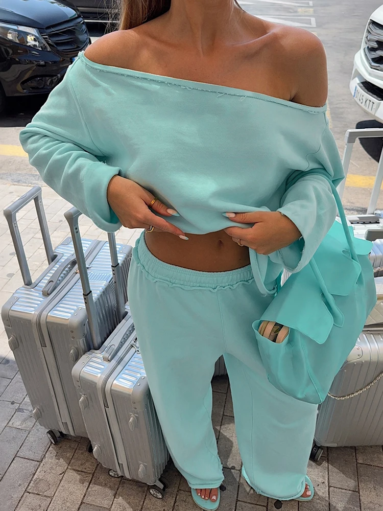 Weird Puss Lässiges, bequemes 2-teiliges Set für Damen, Herbsttrend, schräger Kragen, T-Shirts mit langen Ärmeln + lange Hosen, schlichte Outfits – Detail 13
