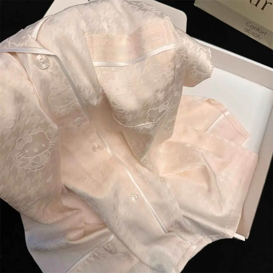 

Kawaii Hello Kitty Plaid Print Women Faux Silk Pajamas Autumn Winter Sweet Casual Long Sleeved and Pants 2 Piece Pajama Sets Y2K