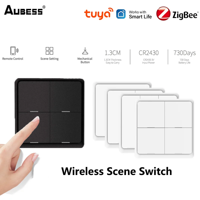 

Умный выключатель Aubess Tuya Zigbee, дистанционное управление через приложение, работает на батарейках, 1/3/4 клавиши