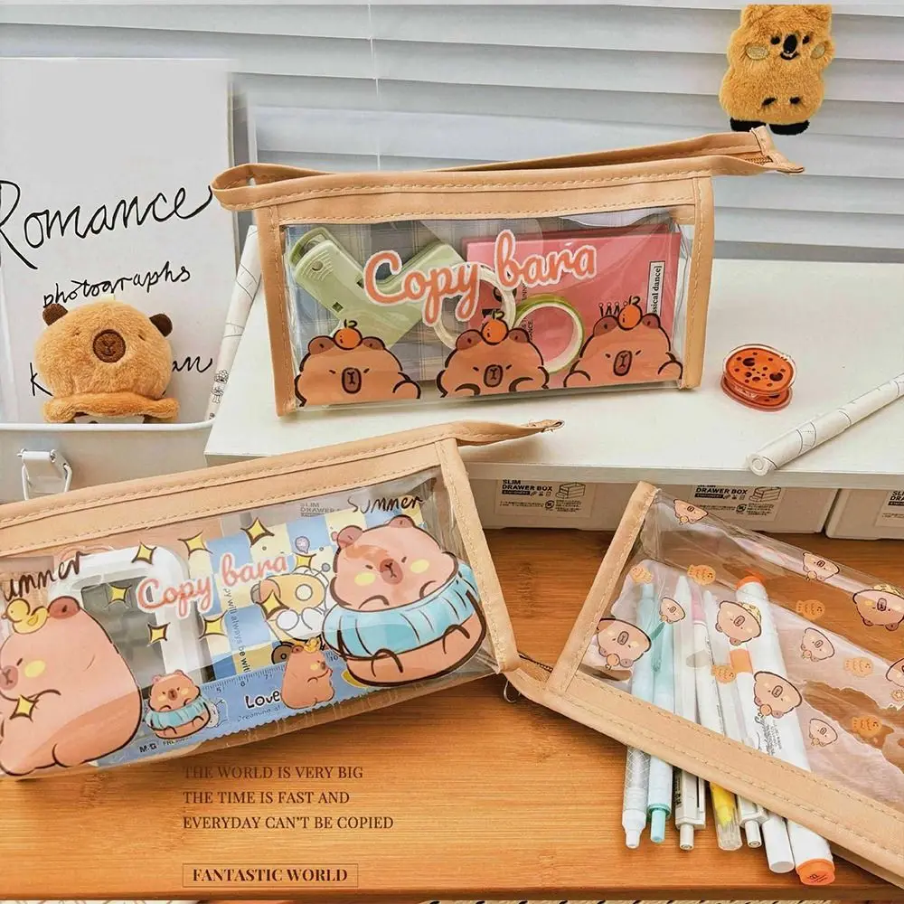 Desktop Organizer Kawaii Capybara Pencil Bag Aesthetic Cute Cartoon Pen Bag PVC Creative Stationery Bag School #4