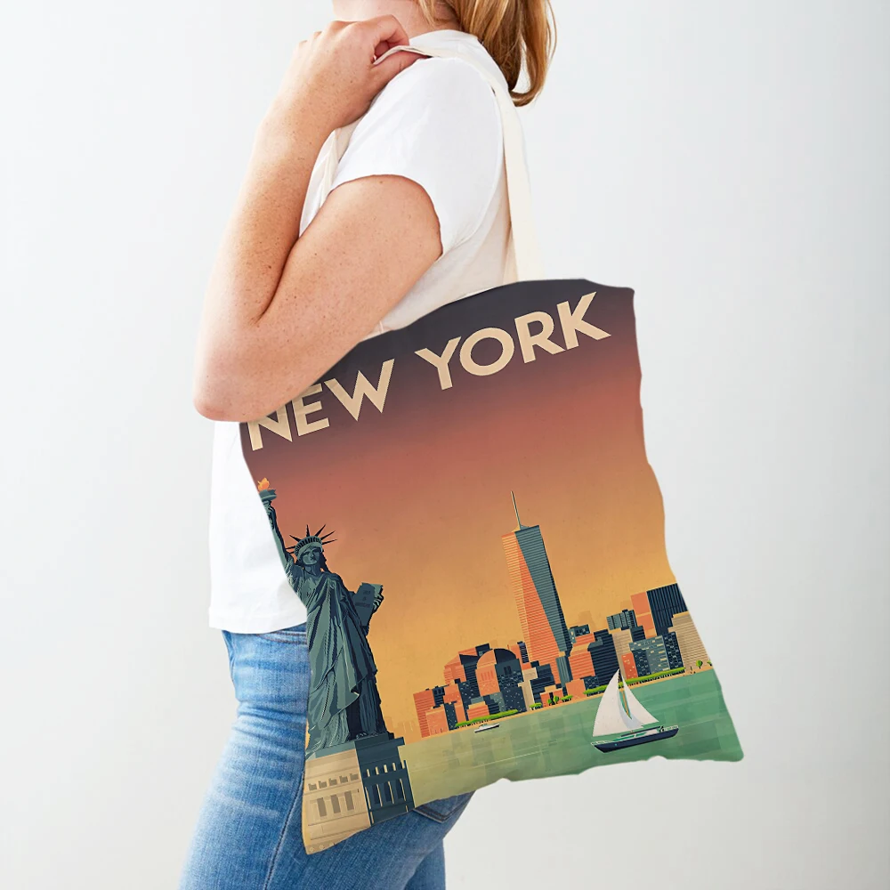 Cartoon City Travel Landscape Shopper Bags Tote Lady Handbag Both Sides New York London Madrid Casual Canvas Women Shopping Bag