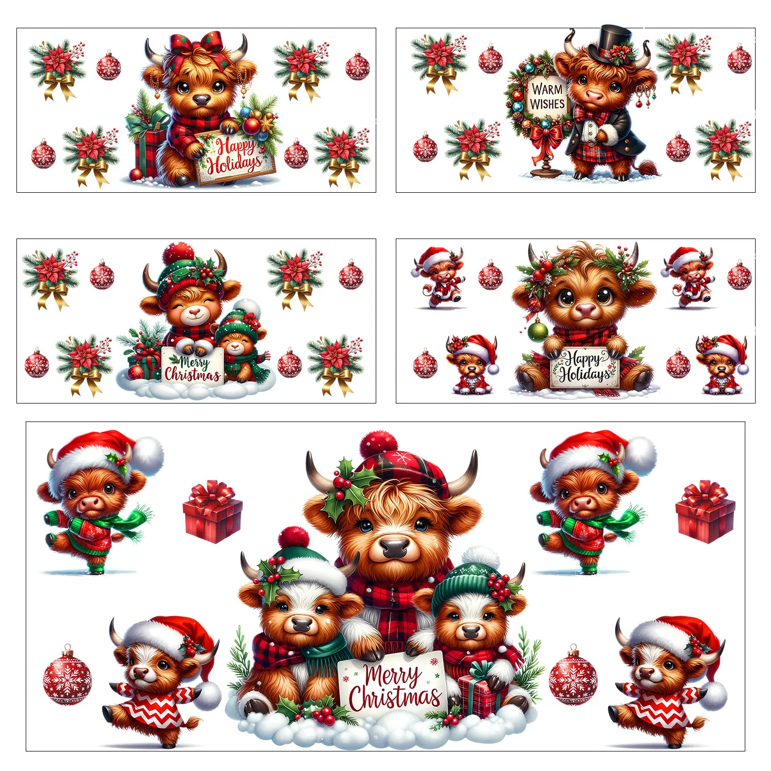 Christmas Vibe Highland Cattle easy peel waterproof DIY Decals 3D transfers uvdtf stickers 16oz uv dtf cup wraps