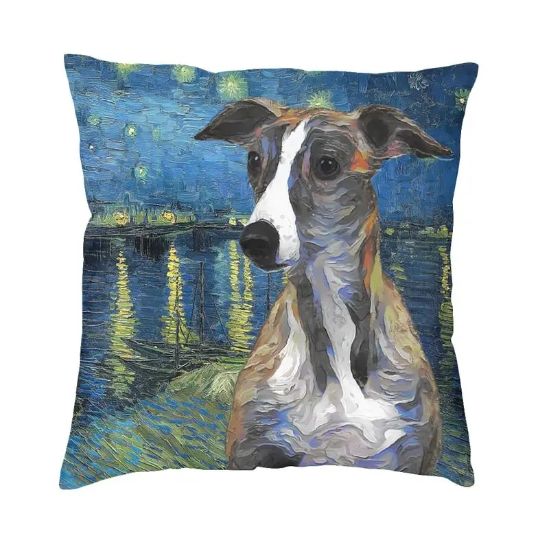 Whippet Art Starry Night Over The Rhone Van Gogh Cushion Cover Velvet Greyhound Sighthound Dog Pillow Case for Pillowcase