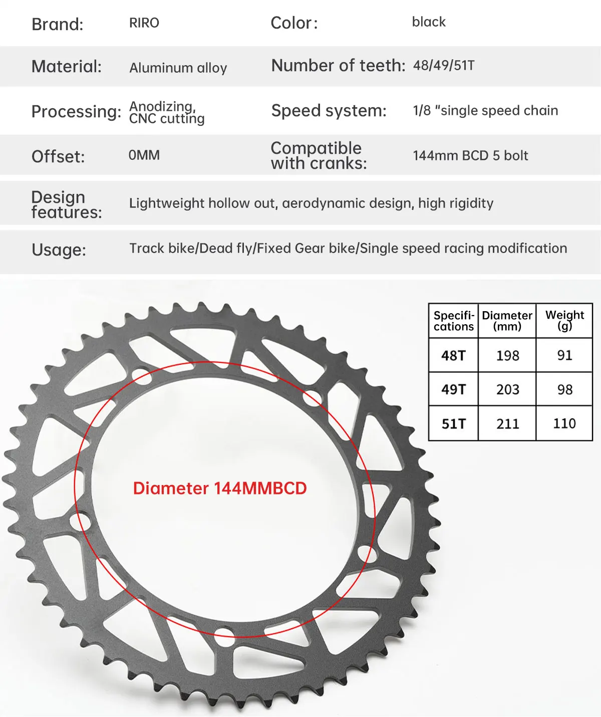RIRO Superleichte Rennrad-Kurbelgarnitur aus Aluminiumlegierung, Hollowtech 144 BCD, Single-Speed Fixed-Gear-Fahrrad mit 51T Kettenblatt – Detail 10