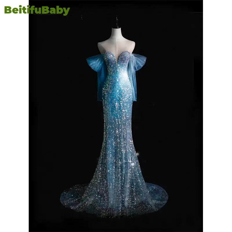 

BeitifuBaby Vintage Evening Dresses for Women Light Luxury Mermaid Sleeveless Strapless Sequins Banquet Gown Vestido De Fiesta