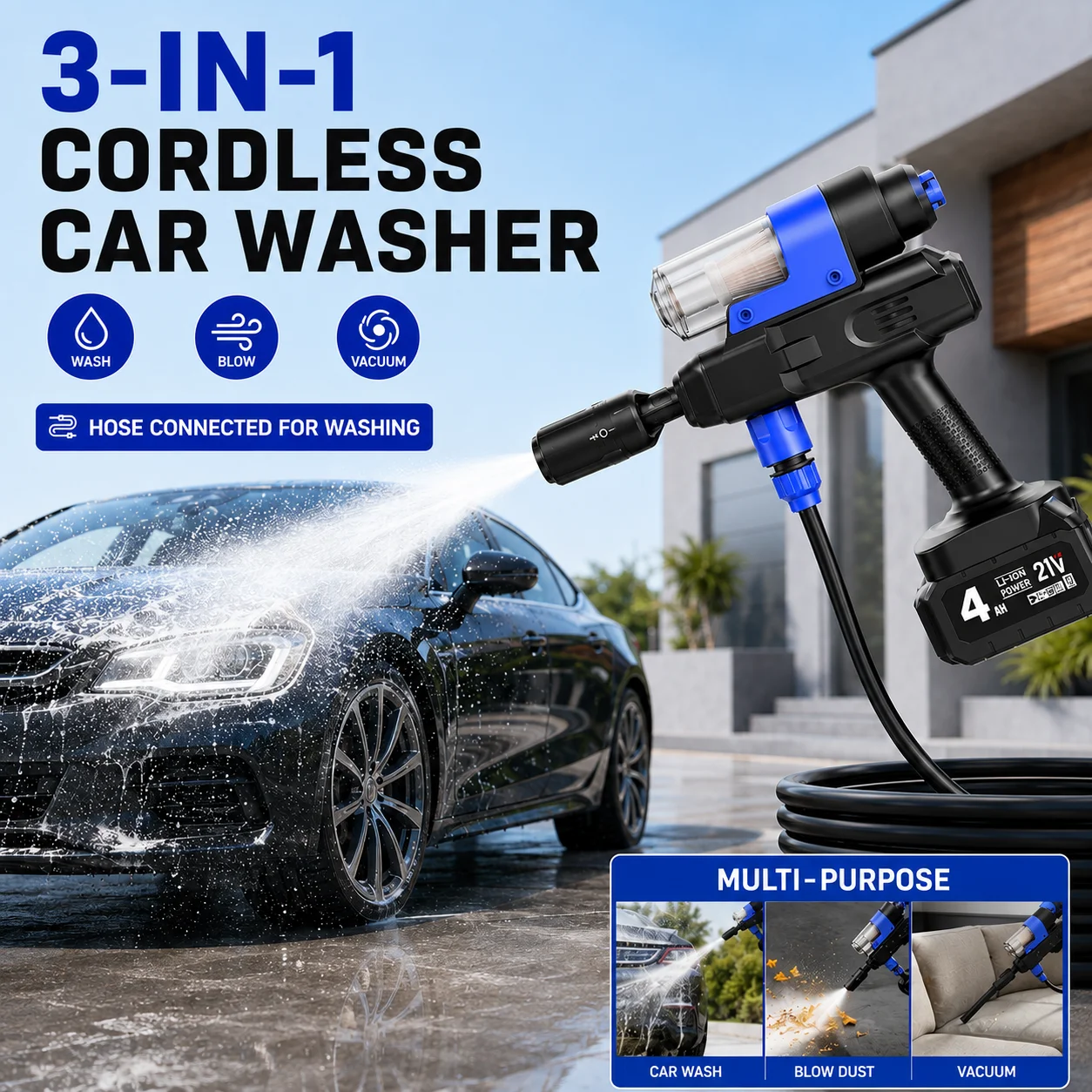 3-in-1 Cordless Pressure Washer 21V Portable Power Cleaner with Vacuum & Air Blower, Self-Priming Car Wash Gun Kit