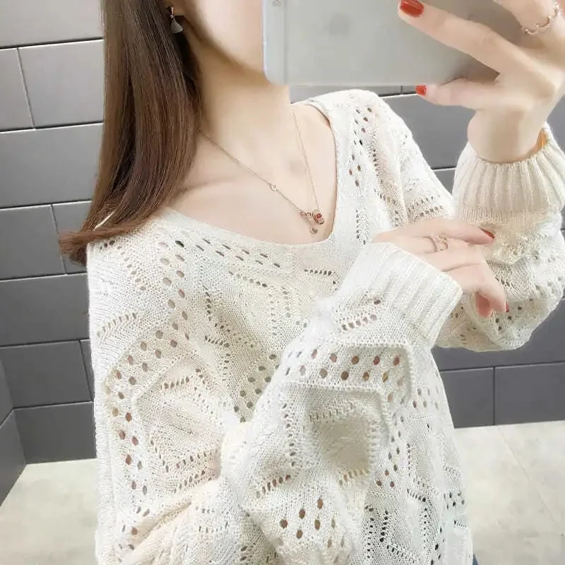 Sweaters Women Casual V-neck Solid Jumpers Pullovers Spring Summer Womens Sweater Hollow Out Knitwear Bottoming Shirt