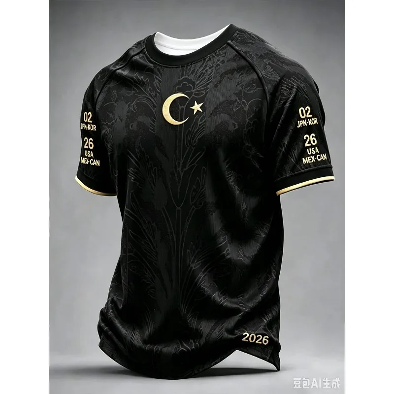 26-27 Turkey Black Floral Jacquard White Crescent Star Fan Jersey Sleeve Print Breathable Unisex Short Sleeve Sports Uniform