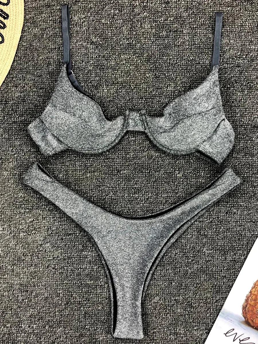 Bikini con aros y purpurina brillante para mujer, bañador con barra en V, traje de baño brasileño femenino, conjunto de Bikini de dos piezas, traje de baño con Push-Up