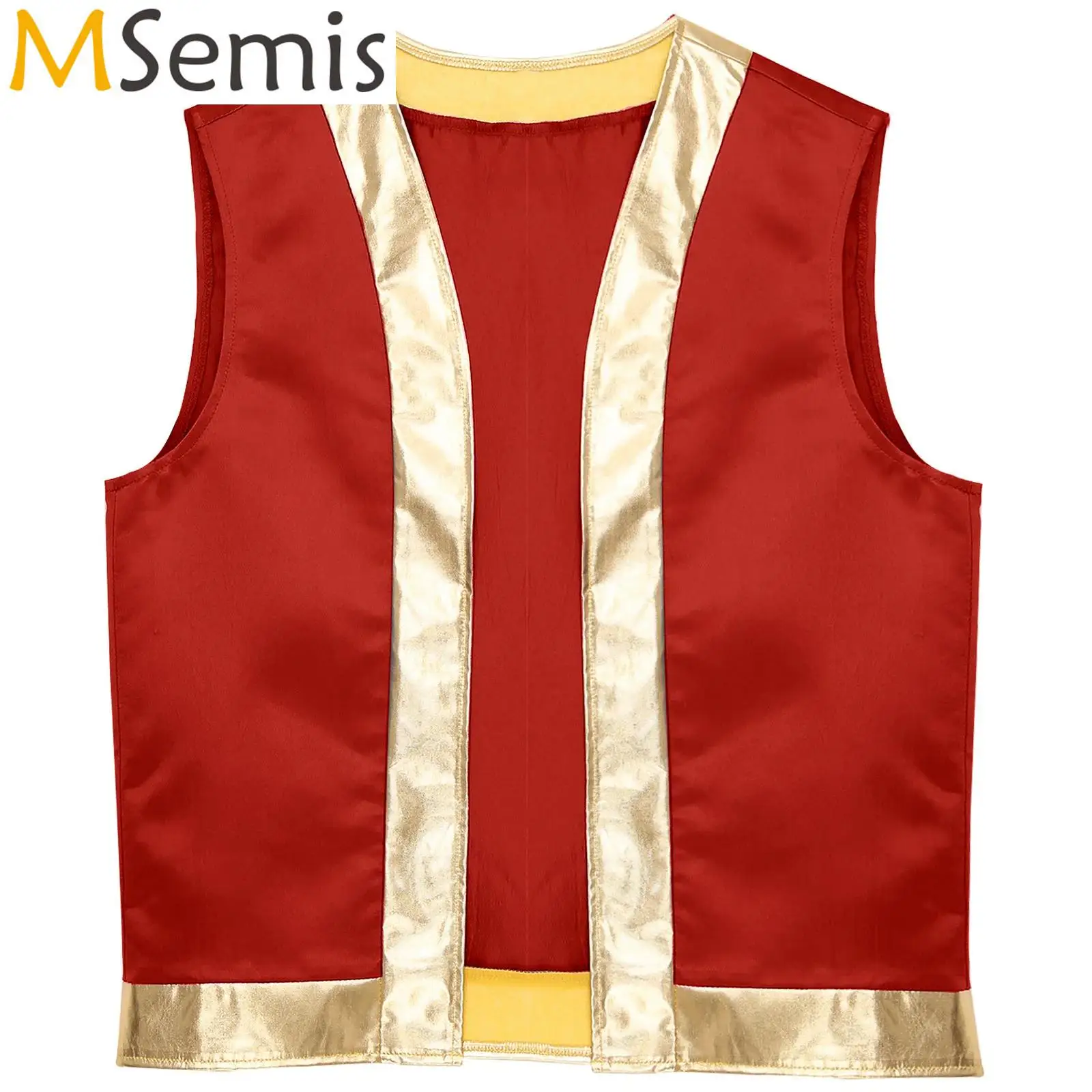 Mens Cartoon Captain Cosplay Party Outfits Arabian Prince Lamp Toad Vest Tops Costumes Open Front Metallic Shiny Trim Waistcoat