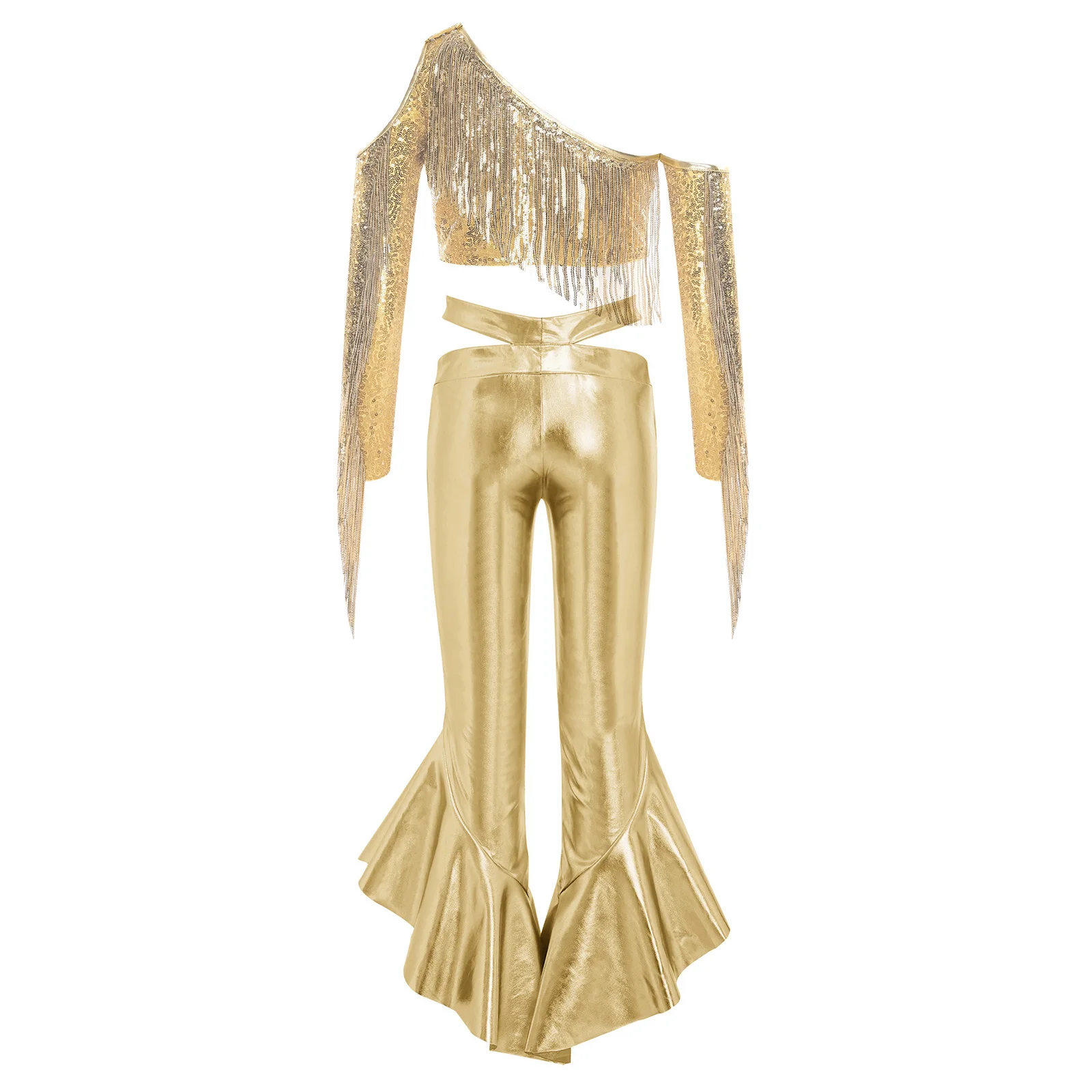 

Kids Girls Shiny Stage Outfit Crop Top 80s 70s Disco Costumes Dance Party Clothes Tassel Sequined Bell-bottom Trousers Suits