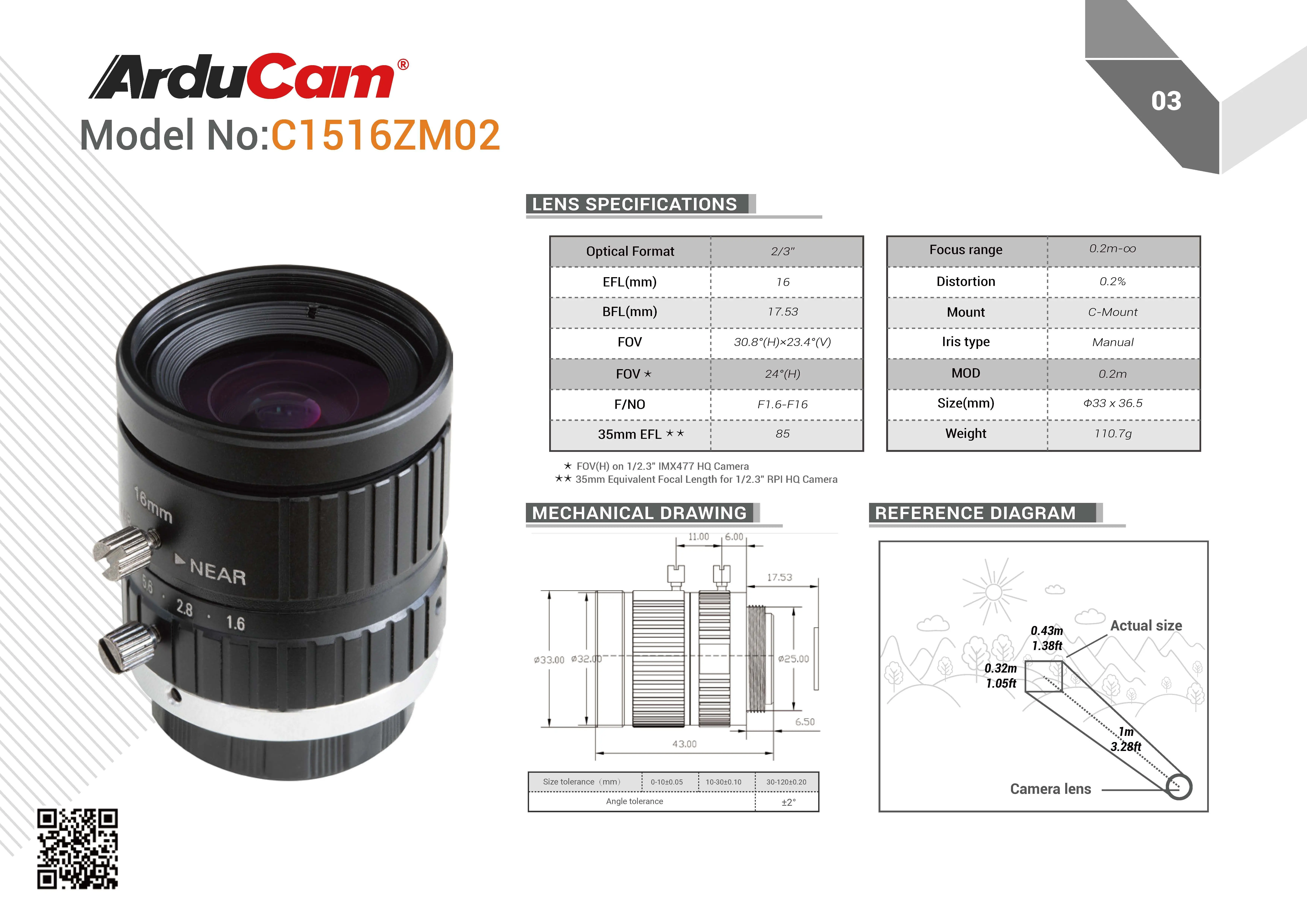 Imagem -06 - Arducam C-mount Lens para Raspberry pi Câmera 16 mm de Comprimento Focal com Foco Manual e Abertura Ajustável de Alta Qualidade