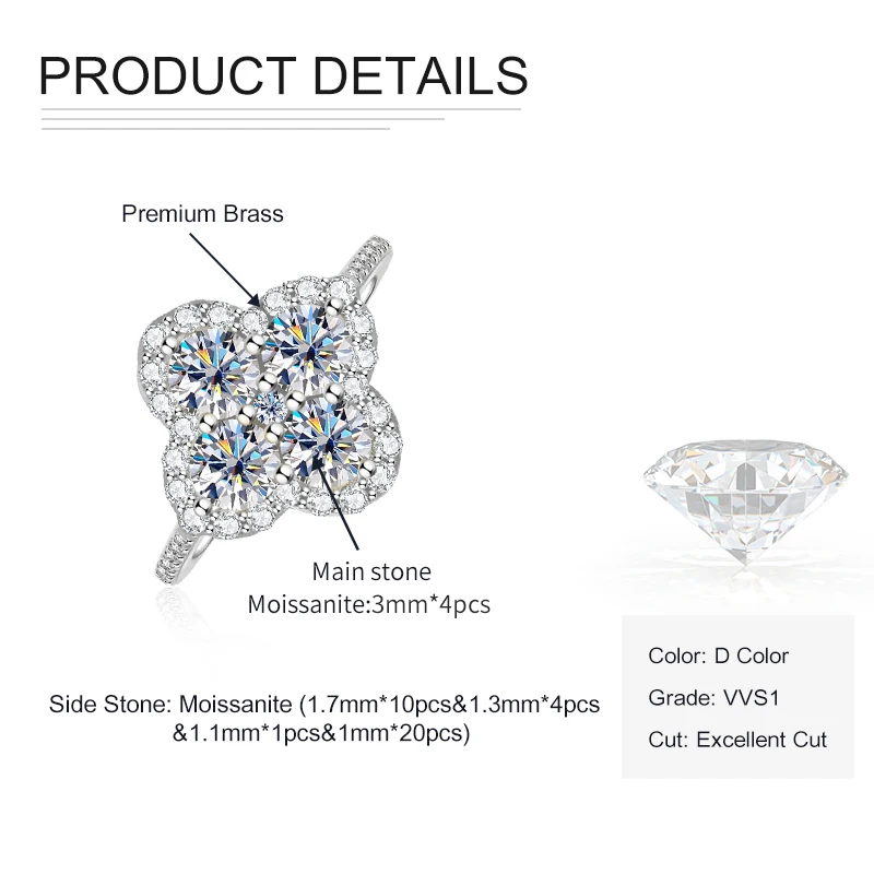 

Lucky Clover D Color Full Moissanite Engagement Ring GRA Certified Round Imitation Diamond Women Four-Leaf Rings Jewelry