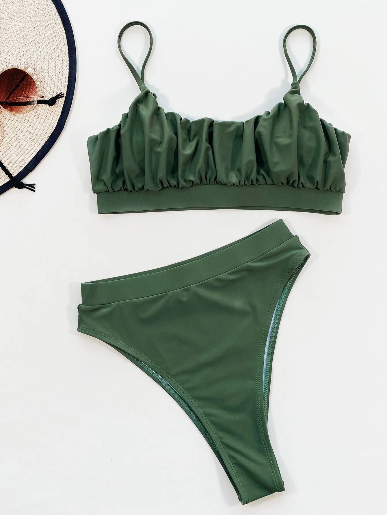 sexy ruched bandeau bikinis sets two pieces black and green high waist swimsuit swimwear women beach outfits biquini tankini