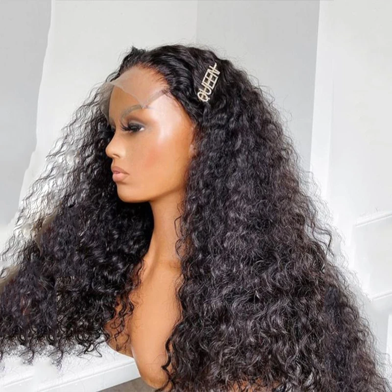 Perruque Lace Front Wig crépue bouclée noire, 26 pouces, pre-plucked, cheveux longs naturels, sans colle, densité 180%, pour femmes