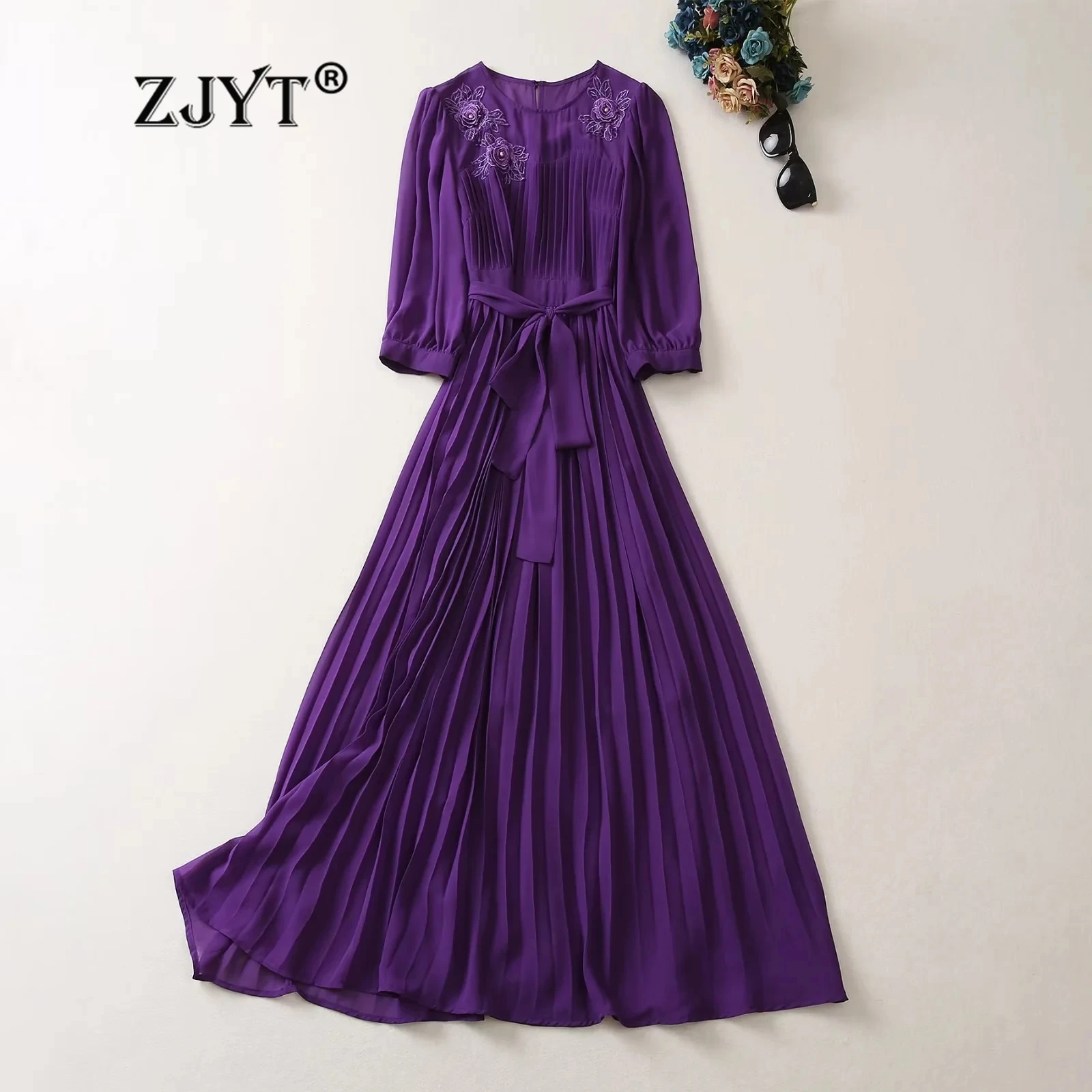 

ZJYT Women's Floral Embroidery Chiffon Long Dresses Half Sleeve Pleated Midi Dress Elegant Spring Vestidos Purple Holiday Robe