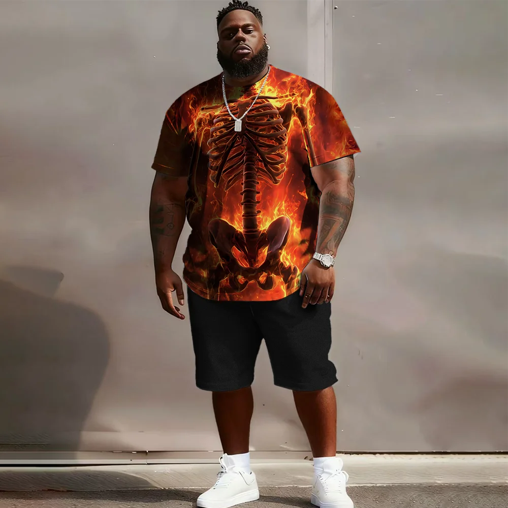 S-9XL Plus Size Men's Oversized Fit, Skeleton, Skull, Flame & X-Ray Print T-Shirt & Shorts Set, Casual Streetwear Outfit