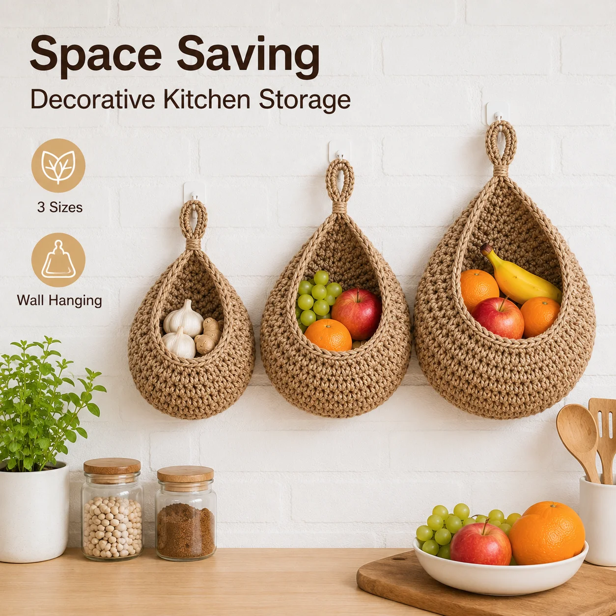 Teardrop Woven Hanging Fruit Basket Wall Mounted Rope Storage Bag Garlic Onion Holder Vegetable Organizer Boho Kitchen Decor