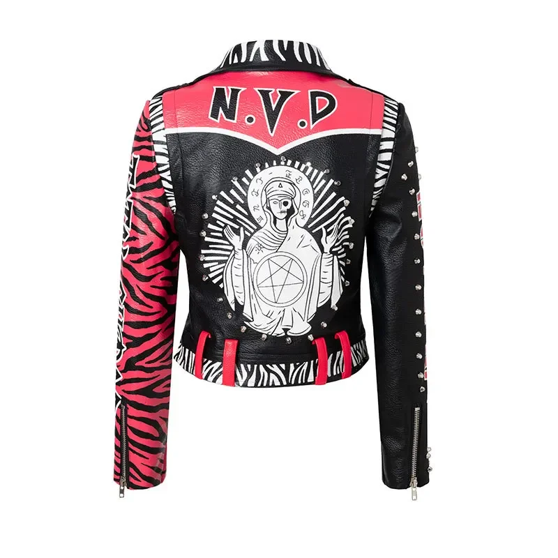 Streetwear leren jas met contrasterende graffitiprint voor dames 2025, nieuwe slim-fit korte punk metalen klinknagel motorjassen