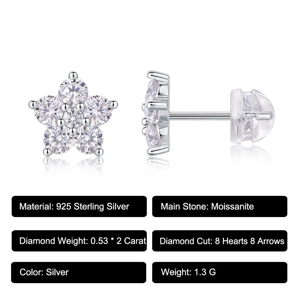 1CTTW D Color Moissanite Stud Earrings 925 Sterling Sliver Flowers Earring for Women Wedding Ear Studs Fine Jewelry