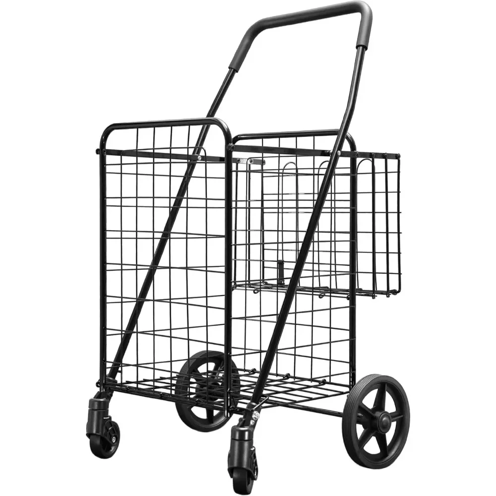 Folding Shopping Cart with 360-Degree Swivel Wheels, Black (Double Basket)