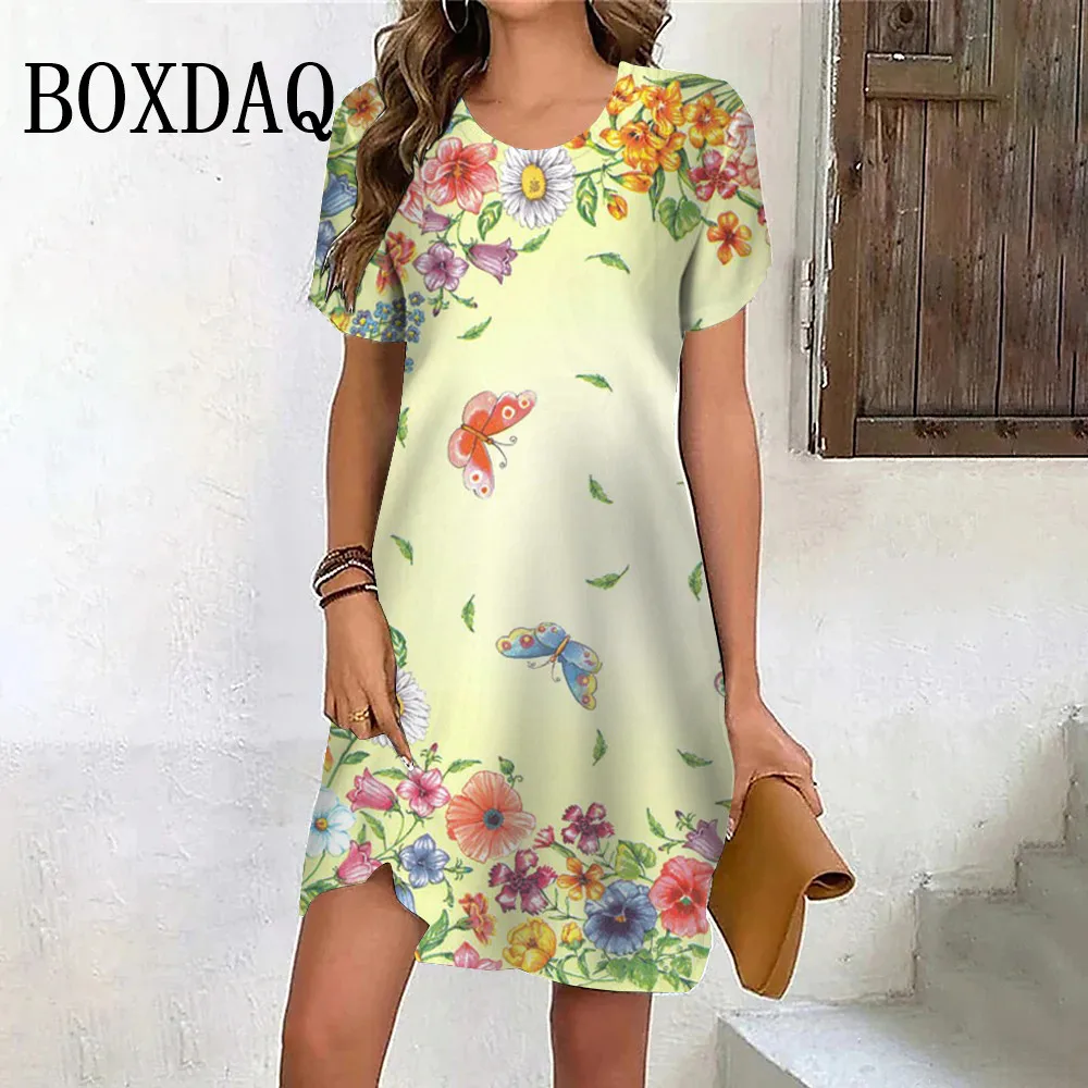 Summer Sweet Butterfly Flower Print Dresses For Women 2024 New Vintage Short Sleeve Mini Dress Loose Casual Plus Size Clothing