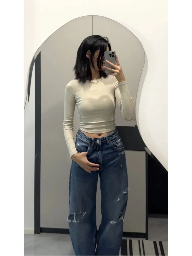 ETJ 2025 ربيع جديد للمرأة 1975 سلسلة عالية الخصر منحني صورة ظلية جميع القطن القديم ممزق التفاصيل واسعة الساق الجينز