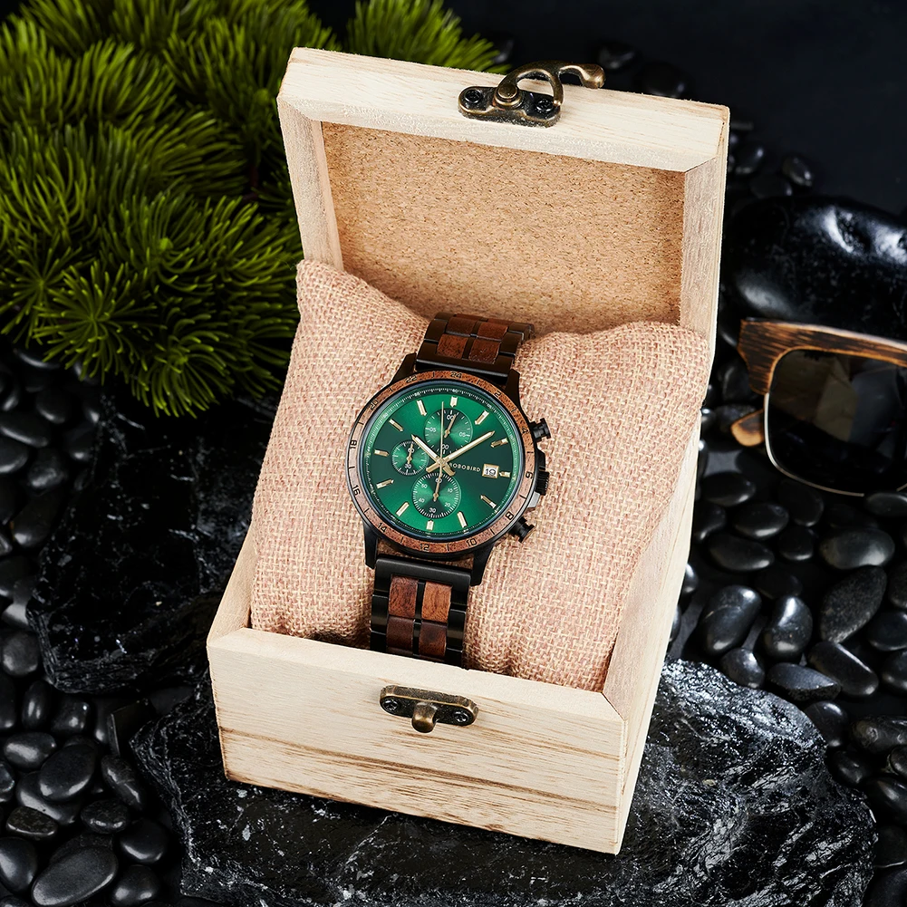 Bobo Bird Men\'s Wristwatches Luxury Wood Quartz Watch Stopwatch Auto Date Chronograph Watches MaleTimepieces Gift for Men Custom