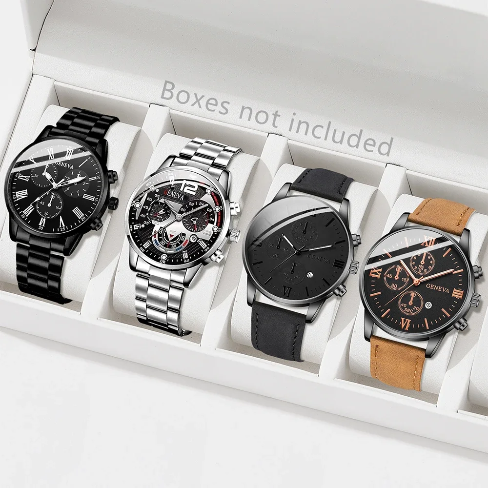 4-piece mixed style Geneva men's chronograph set alloy metal leather strap black Roman dial quartz watch set