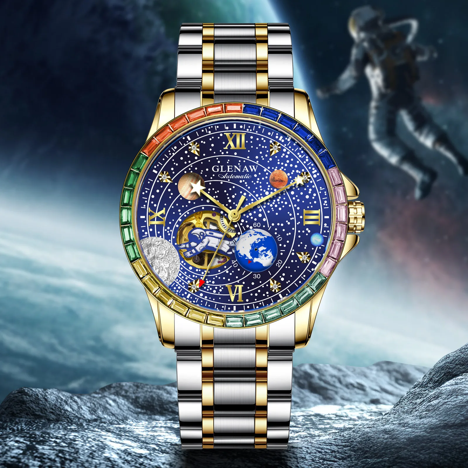 GLENAW Design New Rotating Earth Mechanical Watch Men Rainbow Circle Luxury Men Watch Luminous Waterproof Automatic Watch HOT
