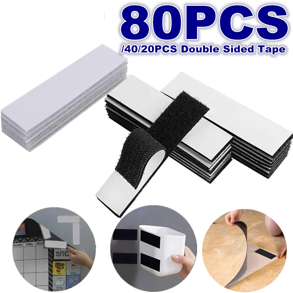 20/40/80Pcs Magic Sticker Tape Heavy Duty Adhesive Tape Double Sized Sticky Back Hook & Loop Strips Square Wall Fasten Tape