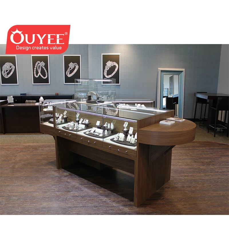 Customized-Antique Wooden Style Jewelry Showroom Furniture Mobile Used Glass Display Cases Jewelry Used Jewellery Display Counte