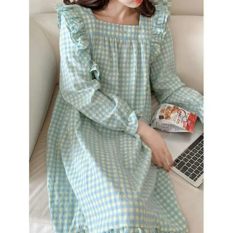 Plaid Women Nightgown Korean Sleepwear Ruffle Nightwear Autumn Night Dress Long Sleeve One Piece Pajamas Square Collar Home Wear