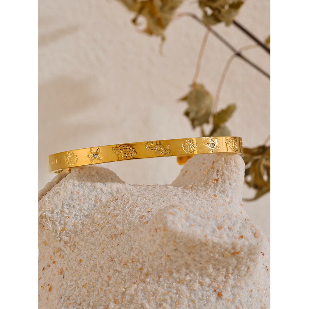 Yhpup Ocean Series Stainless Steel Shell Seahorse Starfish Conch Open Bracelet Bangle Tarnish Resistant Summer Holiday Jewelry