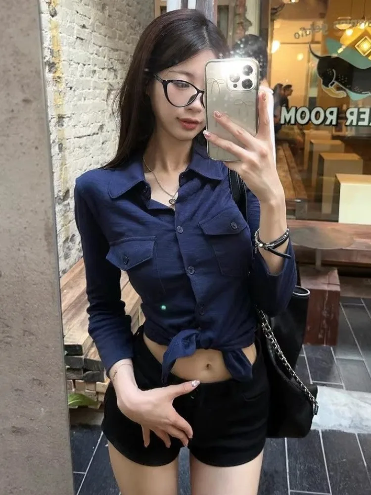 

Shirts Women Y2k Street Wear Fashion Aesthetic Spring Autumn Vintage Tunic Hotsweet All-match Solid Sexy Lady Long Sleeve Blusas