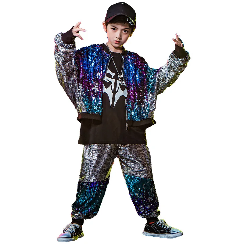 Odzież dziecięca Garnitur Zestaw perkusyjny Chłopcy Cekiny Srebrny Walkout Hip-Hop Street Dance Dziewczyny Ubrania Modny garnitur