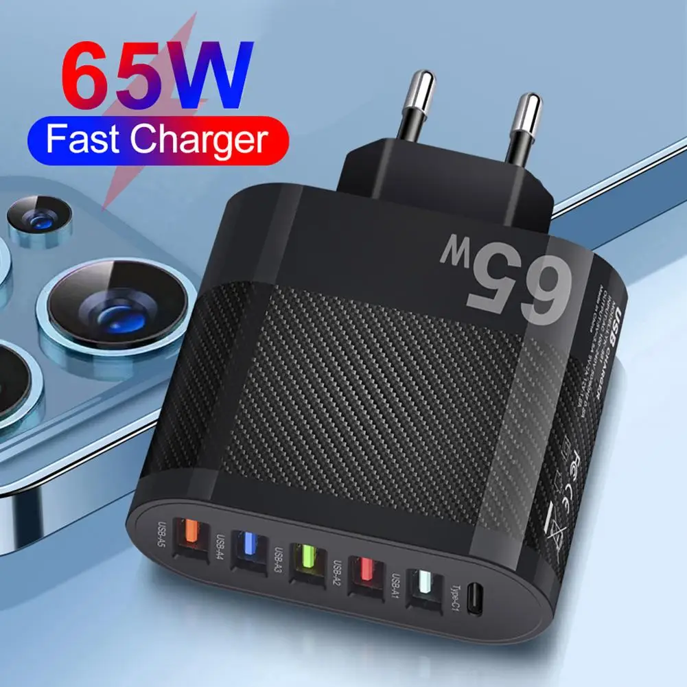 Overcurrent Wall Charger Block Universal Travel Adapter with 6 Ports 65w Fast Charging Wall Charger for Efficient