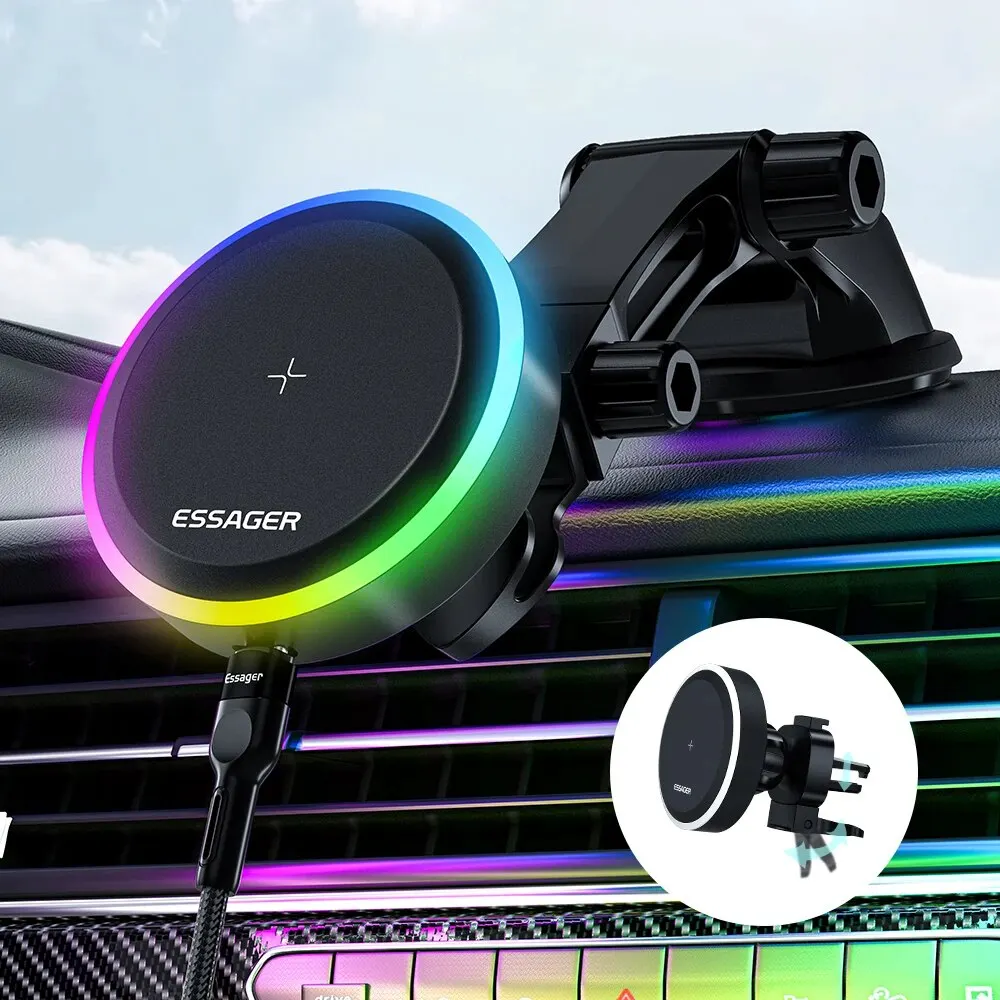 Essager RGB Magnetic Car Phone Holder Qi 15W Wireless Charger Car For iPhone 14 13 Pro Max Samsung Phone Holder Stand