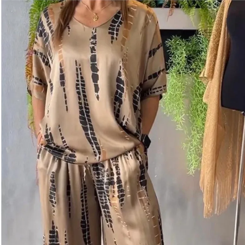 Verão vintage impresso camisas de manga curta cintura alta calças perna larga terno feminino casual conjunto de duas peças 2025