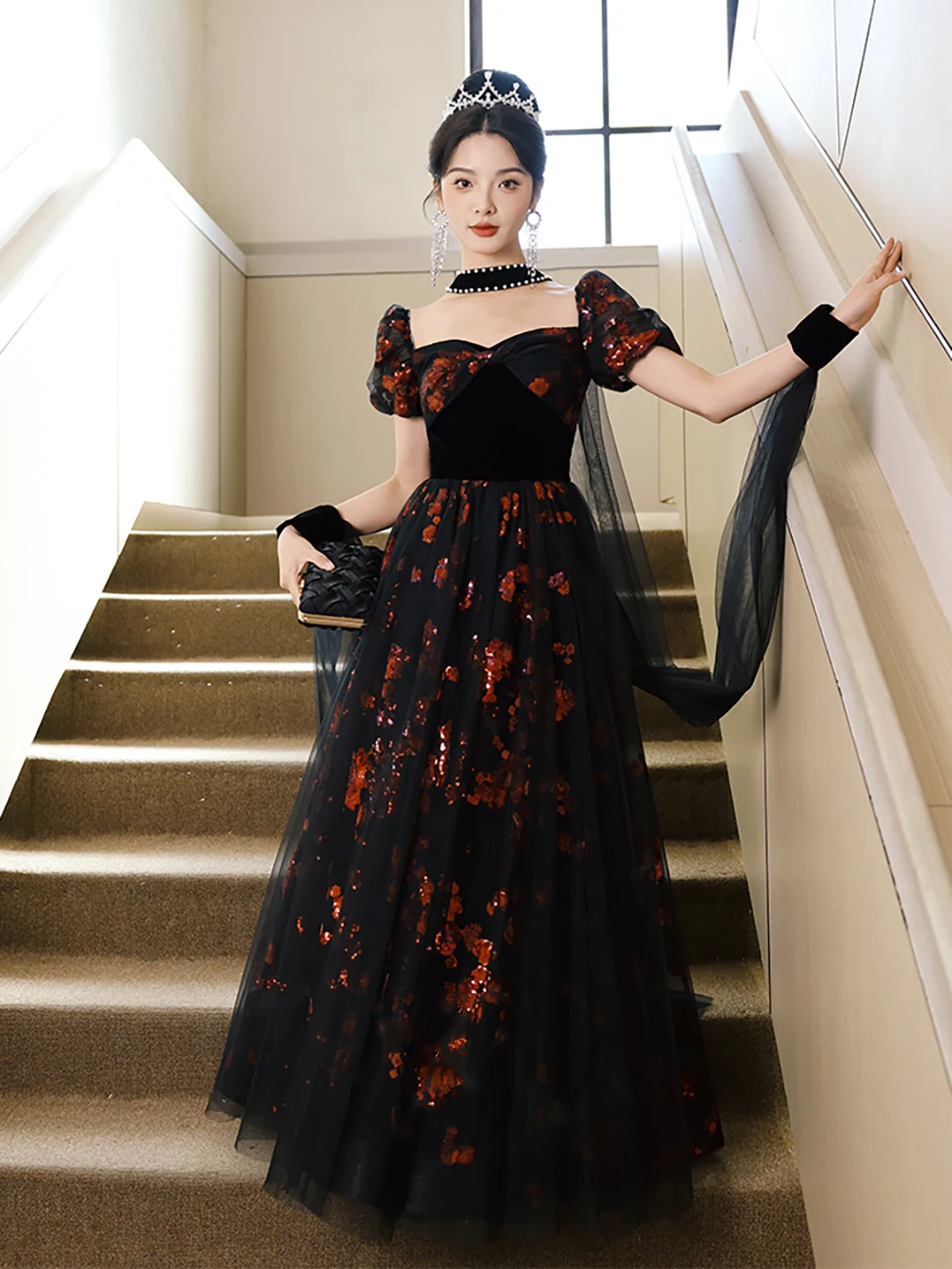 Banquet Evening Dress Women French Style Red Floral Sequins Black Tulle Long Dresses Elegant Lady Formal Gown Host Stage Costume