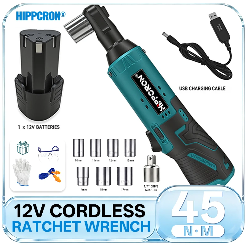 HIPPCRON Cordless Electric Ratchet Wrench Power Copper Motor 600RPM 45NM 3/8