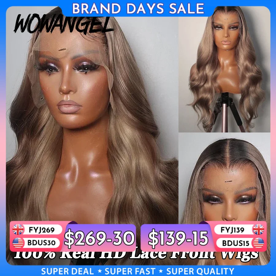 28 Zoll Aschblonde Körperwelle Echthaar-Perücke mit Spitze vorne, schmelzende Skins, Ombre-farbige Perücken, 13 x 6 volle Spitze-Frontal-Perücke, ohne Kleber