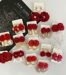 Juran Wholesale Fashion Flower Handmade Drop Earrings Crystal Red Rose Flower Stud Earring For Women Party Jewelry 24 Styles