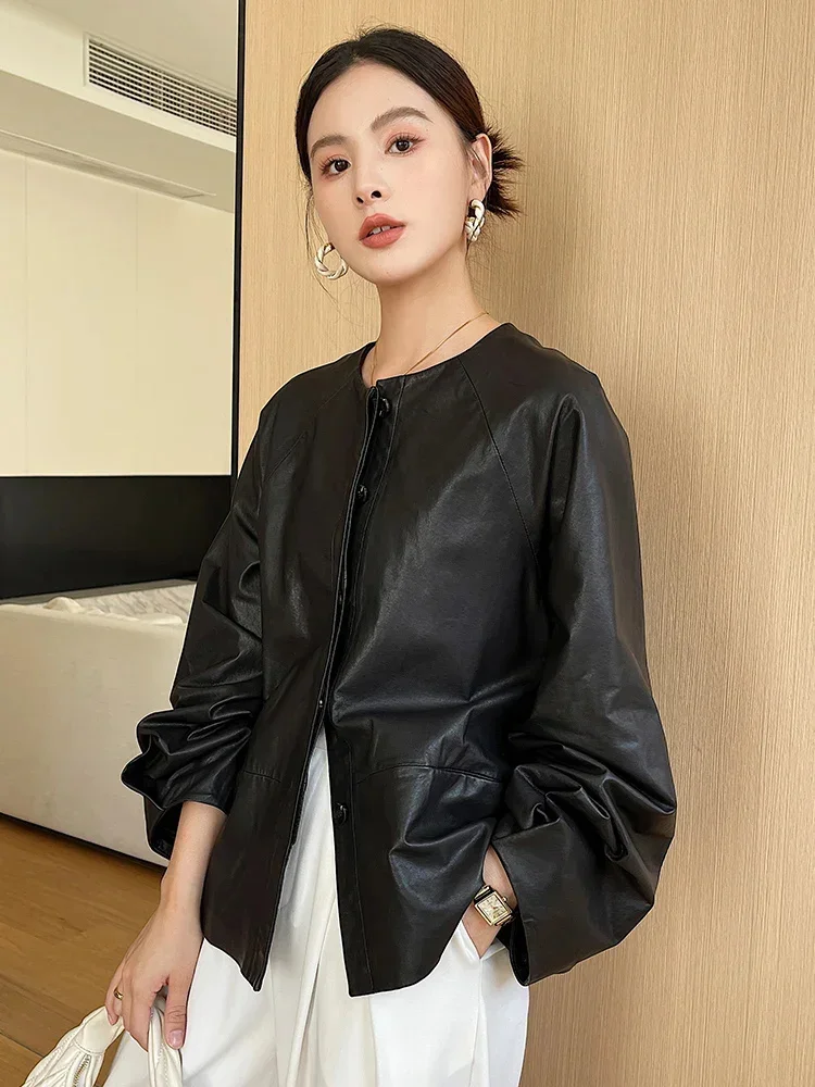 O-neck Simple Real Sheepskin Coat for Women Spring Autumn 2024 Trend Vintage Lantern Sleeve Loose Genuine Leather Jacket