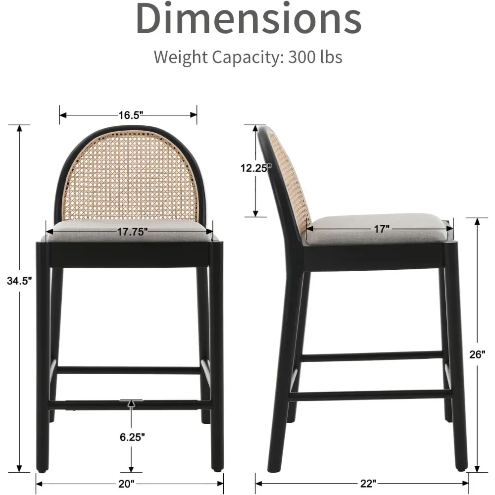 HEAH-YO Modern Counter Stools Set of 2, 26 Inches Counter Height Bar Stools with Rattan Backrests and Solid Wood Frame