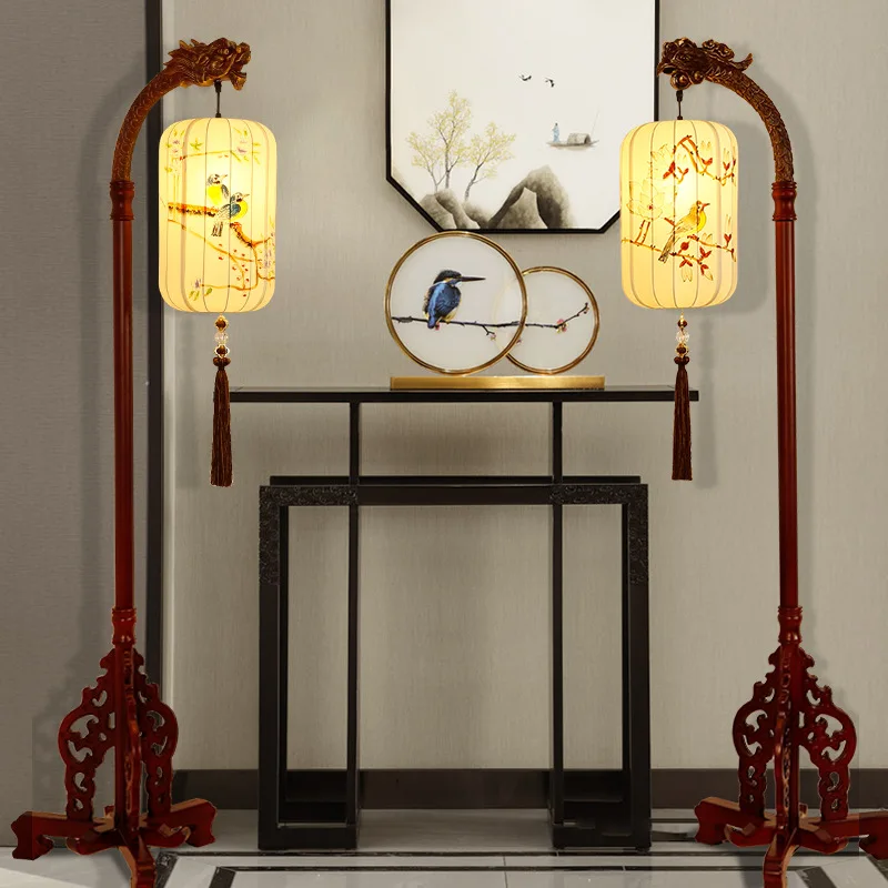 

New Chinese floor lamp zen tea room retro study living room solid wood