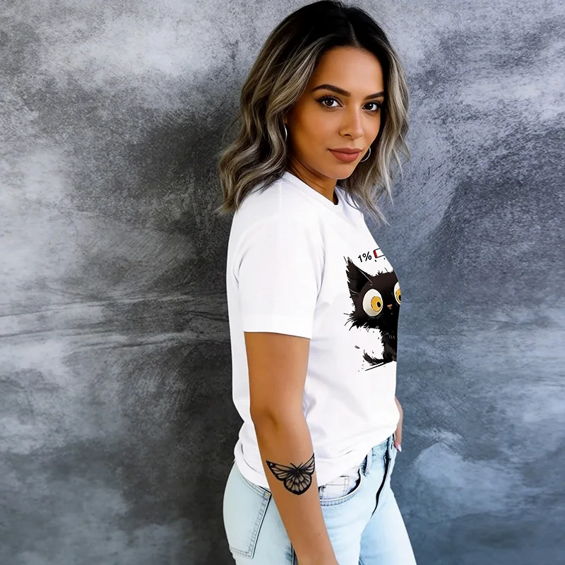 Graphic Casual Fashion Tshirt Summer Kitten Crew Neck Short Sleeve T-shirt Clothes Girls Anime Black Cat Print T Shirt for Women